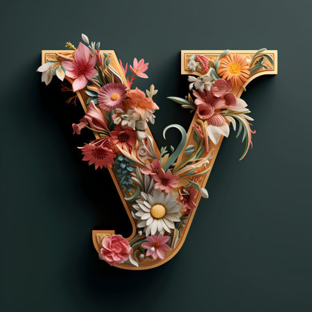 Vintage floral capital letter J with flowers and leaves. 3D renderの素材