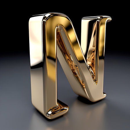 Golden letter N on a black background. 3d render illustration.の素材