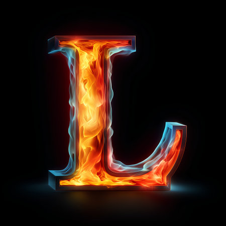 Fiery letter J in the style of fire, isolated on black backgroundの素材