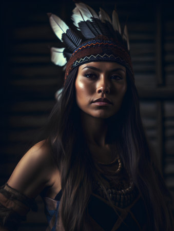 beautiful indian woman wearing native american costume on black backgroundの素材