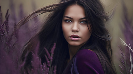 Fashion portrait of beautiful young woman with long hair in violet dress.の素材