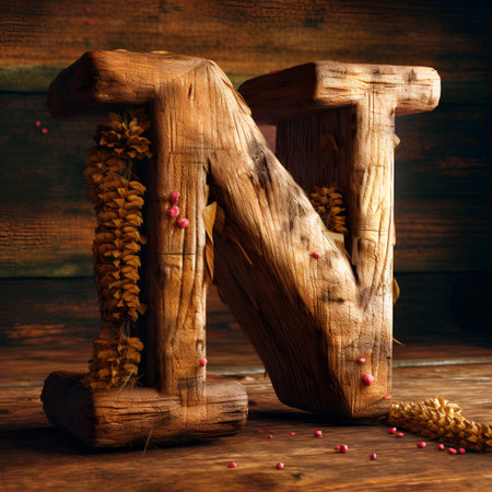 Wooden letters of the alphabet on a wooden background. Letter Nの素材