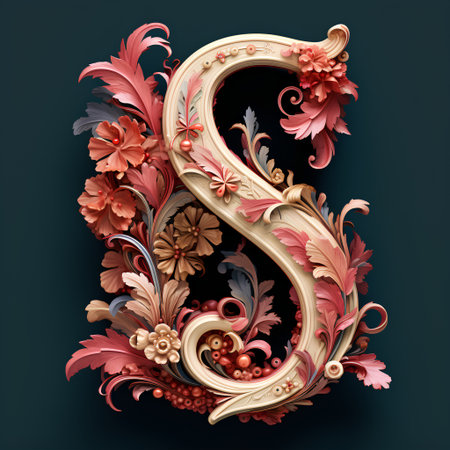 Vintage capital letter S decorated with floral ornament. 3D renderingの素材