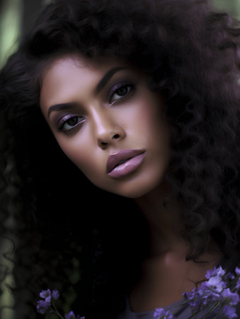 Portrait of a beautiful young woman with long curly hair. Beauty, fashion.の素材