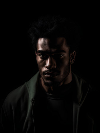 Portrait of a young african american man with black hair on black backgroundの素材