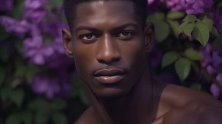 Portrait of a handsome african american man in front of purple flowersの素材