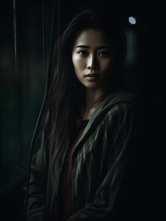 Beautiful asian woman wearing a coat in a dark room.の素材