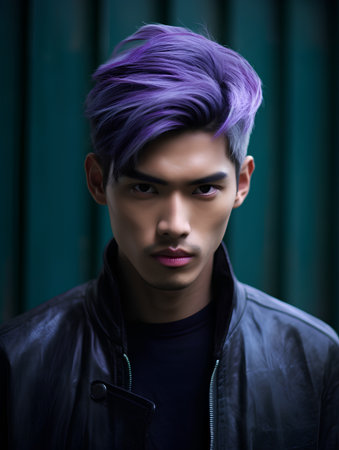 Portrait of a handsome young man with purple hair. Men's beauty, fashion.の素材
