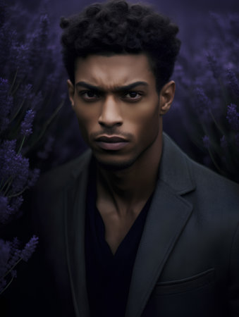 Portrait of a handsome african american man with afro hairstyle in a black coat on a lavender field.の素材