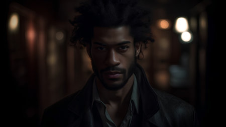 Portrait of a handsome young man with afro hairstyle in a dark roomの素材