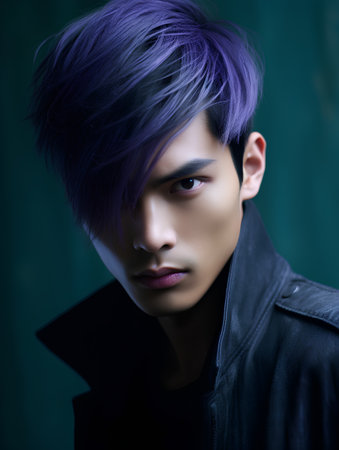 Portrait of a handsome young man with purple hair. Fashion shot.の素材