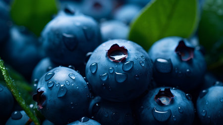 Fresh blueberries with water drops. Shallow depth of field.の素材