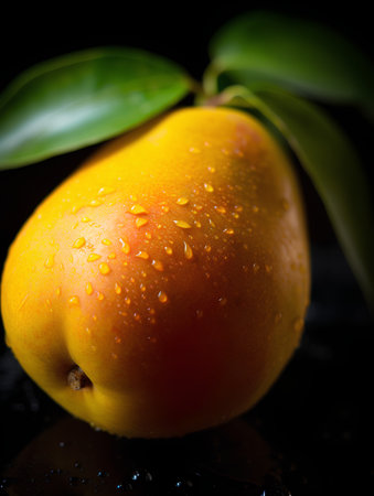 Ripe mango with water drops on a dark background. Selective focus.の素材