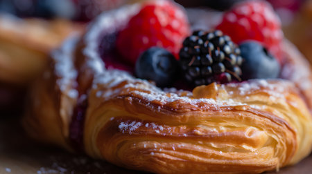 Freshly baked buns with berries and icing sugar. Selective focus.の素材