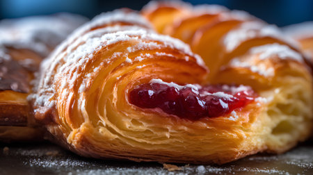 Freshly baked croissants with jam on a dark background.の素材