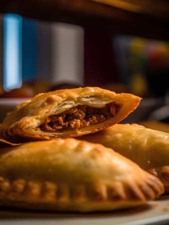 Traditional empanadas with meat on a white plate. Selective focus.の素材