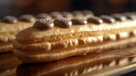 Eclairs with chocolate icing on a golden tray. Selective focus.の素材