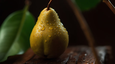 Ripe pears with water drops on a wooden background. Selective focus.の素材