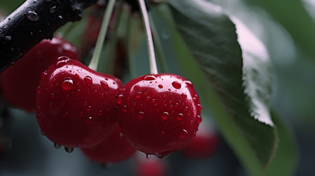 Red cherries on a branch with water drops, close-upの素材