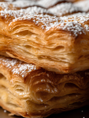 Close up of a stack of puff pastry with powdered sugar. Shallow dof.の素材