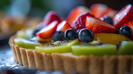 Close up of fresh fruit tart with strawberries, blueberries and kiwiの素材