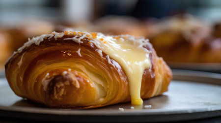 Freshly baked croissant with butter on a metal plate.の素材