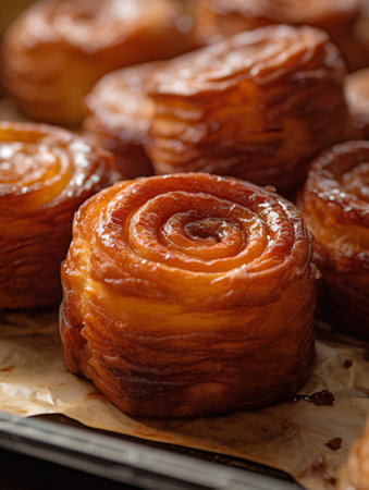 Closeup of fresh baked cinnamon buns on a baking sheet.の素材