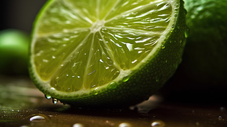 Fresh lime with drops of water on a wooden background. Selective focus.の素材