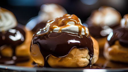 Chocolate eclairs with whipped cream and chocolate syrup on dark backgroundの素材