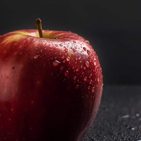 Red apple with water drops on a dark background. Close-up.の素材