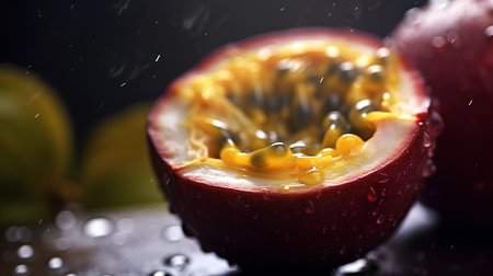 Passion fruit on a dark background with water drops, close upの素材