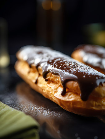 Delicious eclairs with chocolate on a black background. Selective focus.の素材