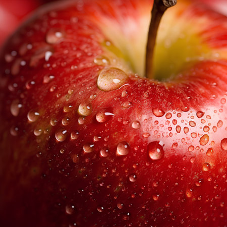 Macro of wet red apple with water drops on the surface.の素材