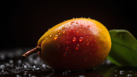 Ripe red pear with water drops on a black background closeupの素材