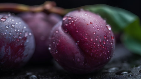 Fresh plums with water drops on a dark background. Selective focus.の素材