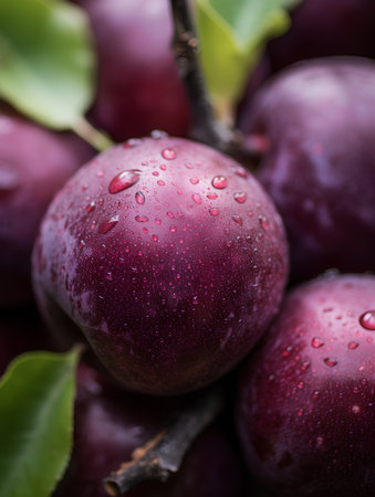 Purple plums with water droplets on a dark background.の素材