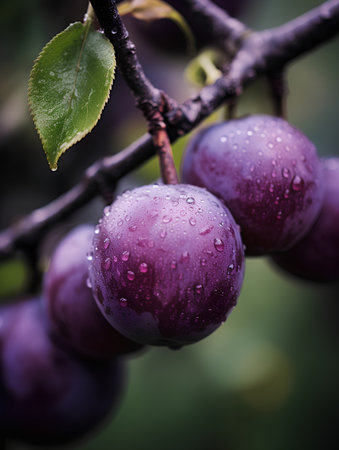 Ripe plums on a branch with water drops close-upの素材