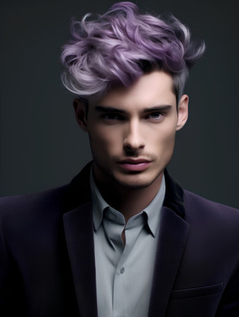 Fashion shot of a handsome man with purple hair. Men's beauty, fashion.の素材