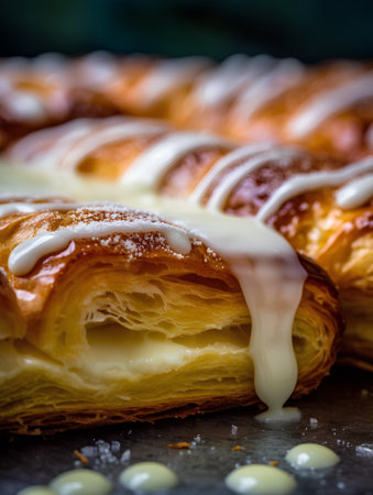 Freshly baked croissants with white icing. Selective focus. Toned.の素材
