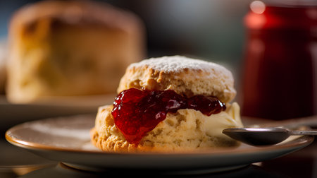 Scones with jam on a plate. Selective focus.の素材