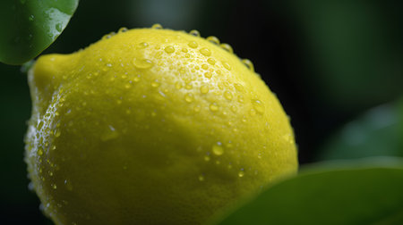 Lemon with water droplets on a green leaf in the gardenの素材
