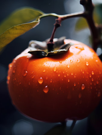 Ripe persimmon on a tree branch with water drops.の素材