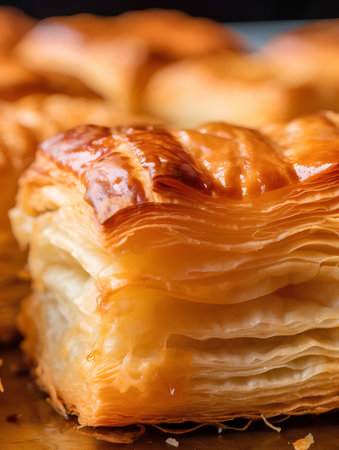 Close up of a fresh baked baklava with honey, selective focusの素材