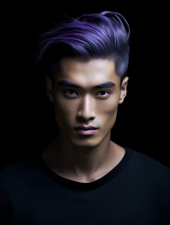 Portrait of a handsome young man with purple hair on black backgroundの素材