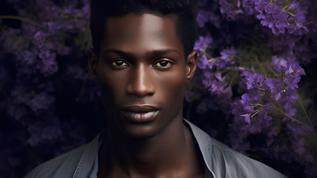 Portrait of a handsome young african american man with purple flowersの素材