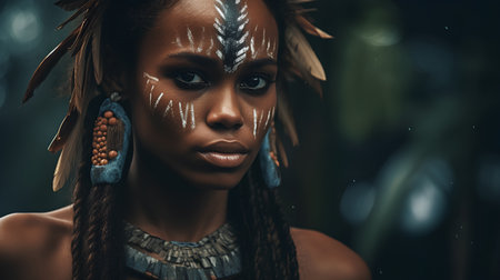 Portrait of a beautiful African American woman with tribal make up.の素材