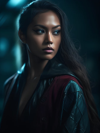 Fashion shot of a beautiful asian woman in a leather jacket.の素材