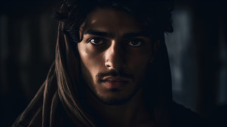 Portrait of a young man in a dark room. Men's beauty, fashion.の素材