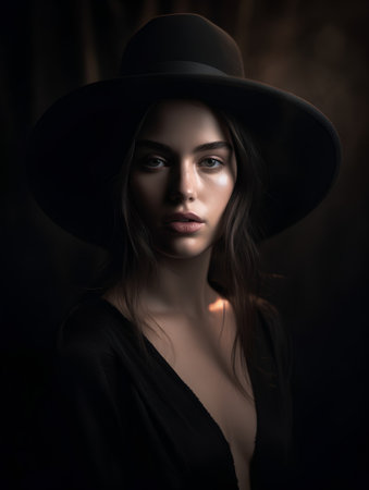 Portrait of beautiful young woman in black dress and hat on dark backgroundの素材