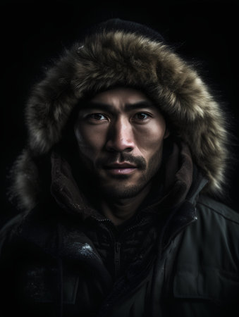 Portrait of a young man in a winter jacket on a black backgroundの素材